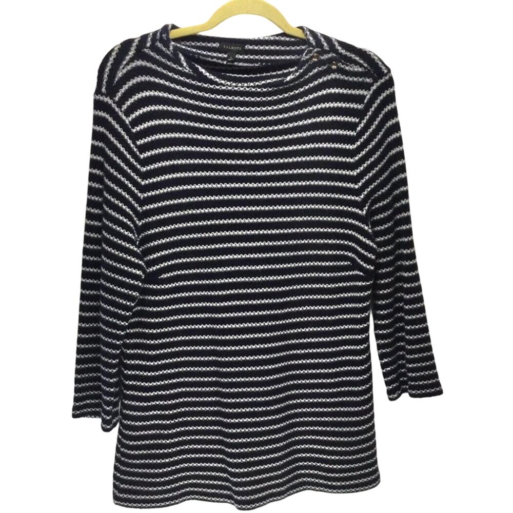 Talbots Women’s 2XP Petite Top Navy and White Striped 3/4 Sleeve Funnel Neck